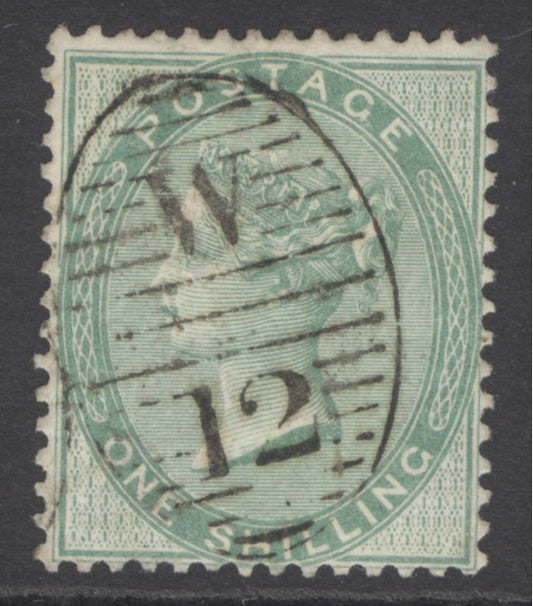 SG 72b 1/- green, thick paper. Very fine used example on thick paper variety showing watermark massively displaced & consisting on only 2 roses...