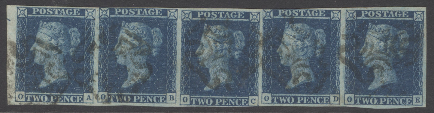 SG 15 1841 2d deep full blue plate 3 strip of 5 lettered OA-OE. Very fine used with Maltese cross cancels...