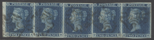 SG 15 1841 2d deep full blue plate 3 strip of 5 lettered OA-OE. Very fine used with Maltese cross cancels...