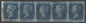 SG 15 1841 2d deep full blue plate 3 strip of 5 lettered OA-OE. Very fine used with Maltese cross cancels...