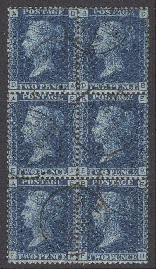 SG 45 2d blue plate 13 block of 6. Very fine used with Hanley CDS’s, Dec 2nd 1873
