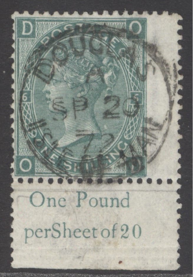 SG 117 1/- green plate 6 corner marginal example. Very fine used with an upright Douglas, Isle of Man CDS. Dr Karl Knope cert