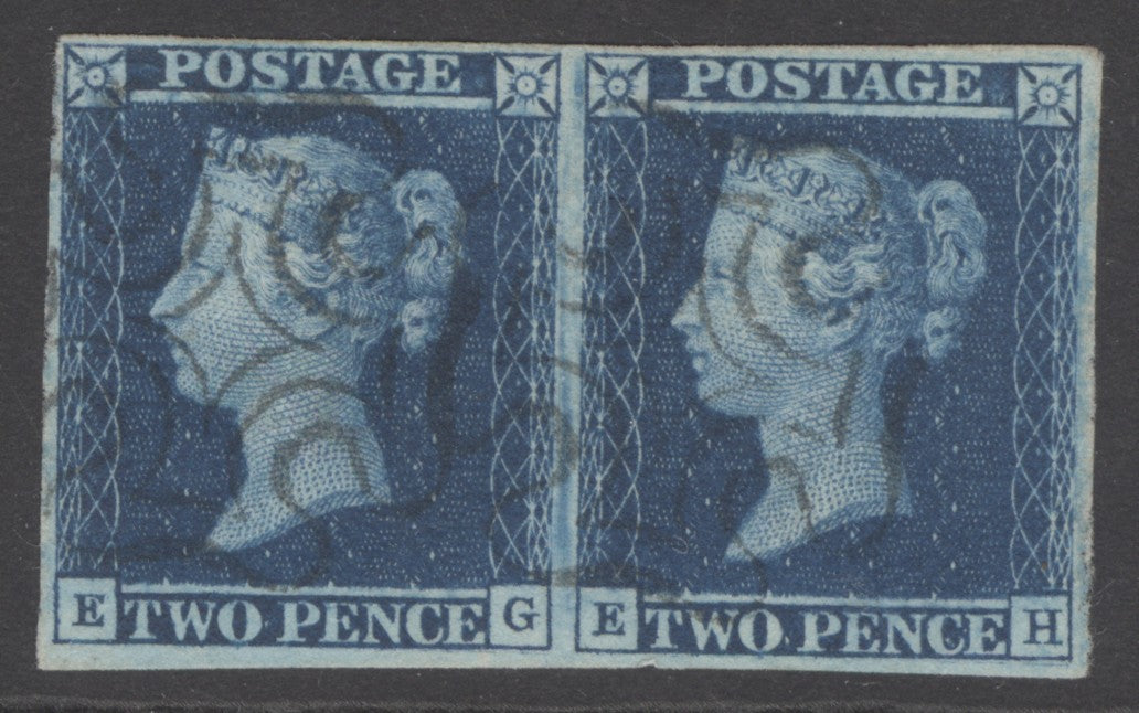 SG 15 1841 2d deep full blue plate 3 pair lettered EG-EH. Very fine used with a crisply struck Maltese crosses. Full margins