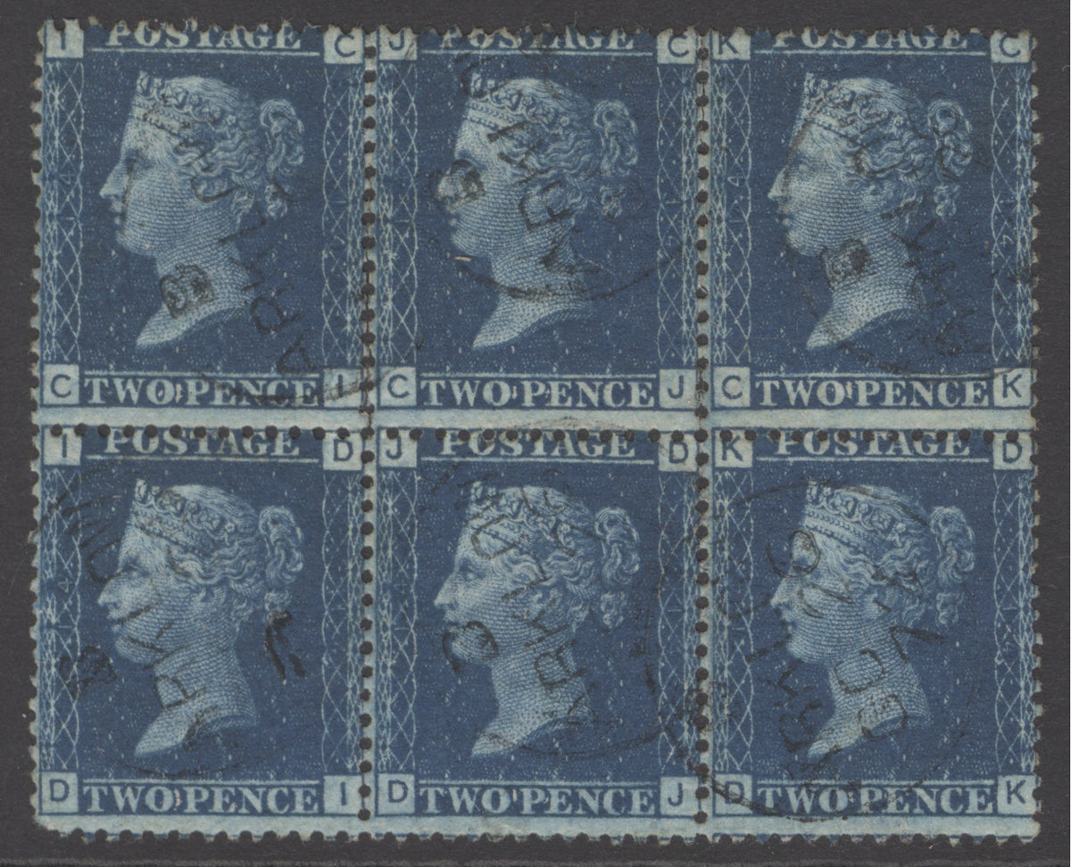 SG 47 2d blue plate 14. Very fine used block of 6 cancelled with Arklow, Irish CDS’s, Oct 26th 1872