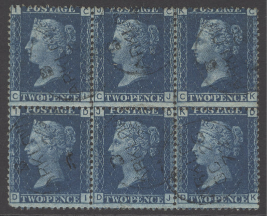 SG 47 2d blue plate 14. Very fine used block of 6 cancelled with Arklow, Irish CDS’s, Oct 26th 1872