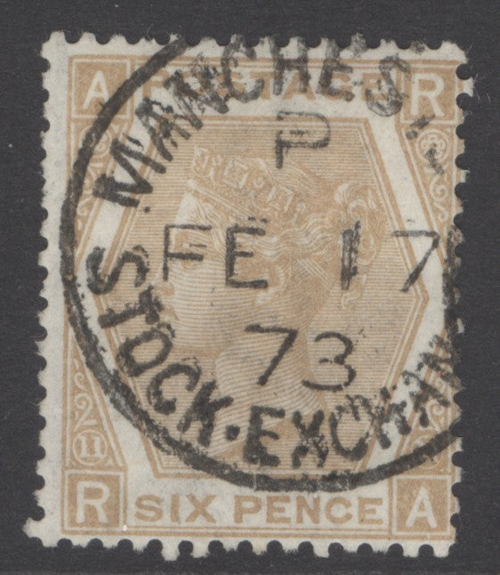 SG 123 6d pale buff plate 11. Very fine used with a stock exchange CDS, Feb 17th 1873