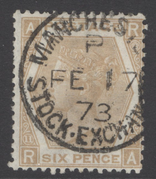 SG 123 6d pale buff plate 11. Very fine used with a stock exchange CDS, Feb 17th 1873