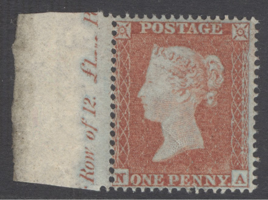 SG 18 1d yellow-brown lettered NA, watermark small crown perf 16. A fine unmounted mint marginal example with inscription CAT £375