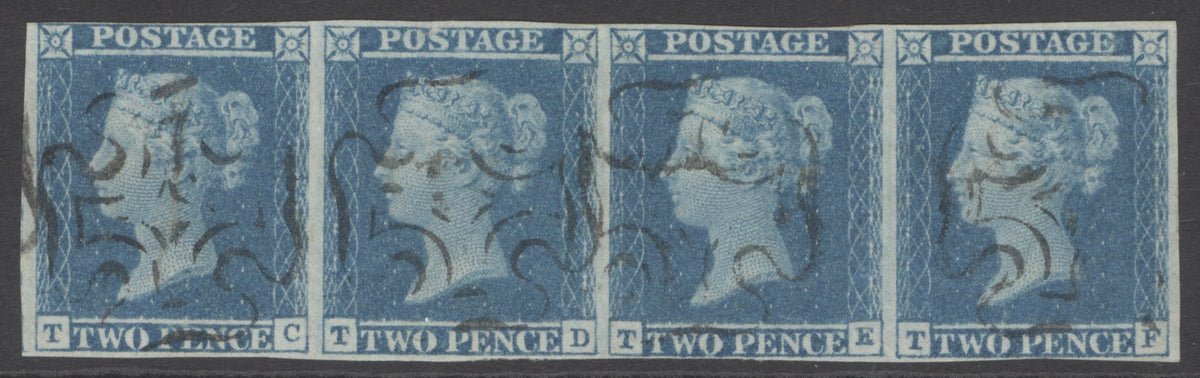 SG 13 2d pale blue plate 3 strip of 4 lettered TC-TF. Very fine used with upright Scottish Maltese crosses.  Full margins, close to good