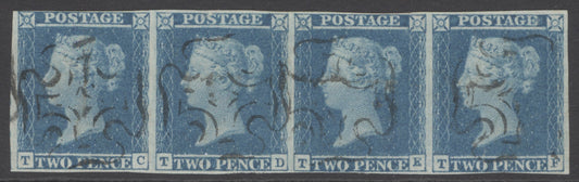 SG 13 2d pale blue plate 3 strip of 4 lettered TC-TF. Very fine used with upright Scottish Maltese crosses.  Full margins, close to good