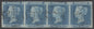 SG 13 2d pale blue plate 3 strip of 4 lettered TC-TF. Very fine used with upright Scottish Maltese crosses.  Full margins, close to good