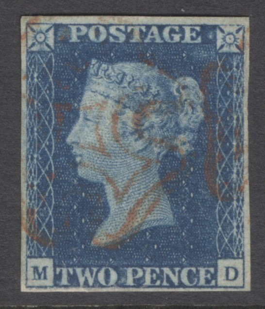 SG 5 1840 2d blue plate 2 lettered MD. Very fine used with a red Maltese cross. 4 margins (spec DS8f) CAT £1750