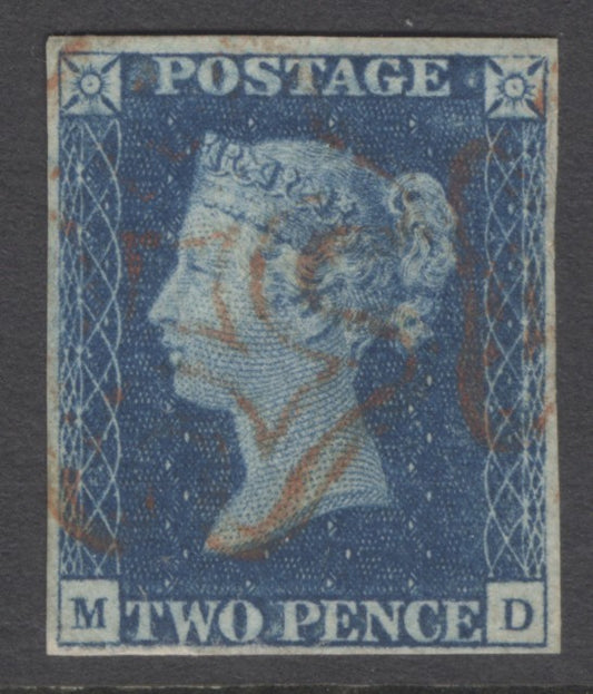 SG 5 1840 2d blue plate 2 lettered MD. Very fine used with a red Maltese cross. 4 margins (spec DS8f) CAT £1750