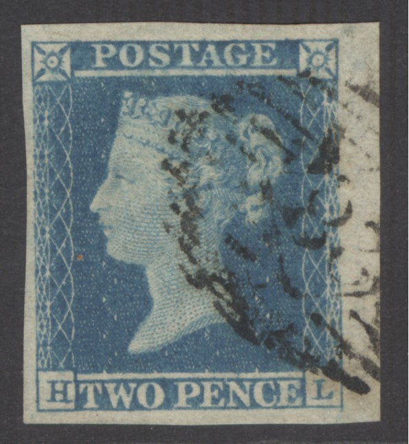 SG 13 1841 2d pale blue plate 4 lettered HL. Very fine used part numeral, leaving Queens profile clear CAT £110