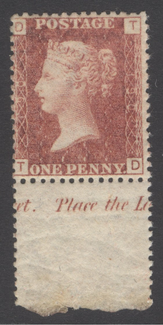 SG 43 1d rose-red plate 190 lettered TD. A fine unmounted mint marginal example (hinged in margin) CAT £50
