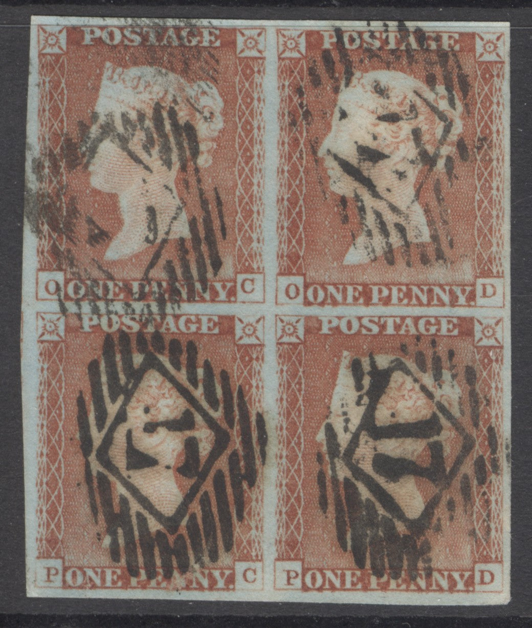 SG 8 1d red-brown plate 60. Very fine used with London ‘17’ numerals (Ilford). Full margins
