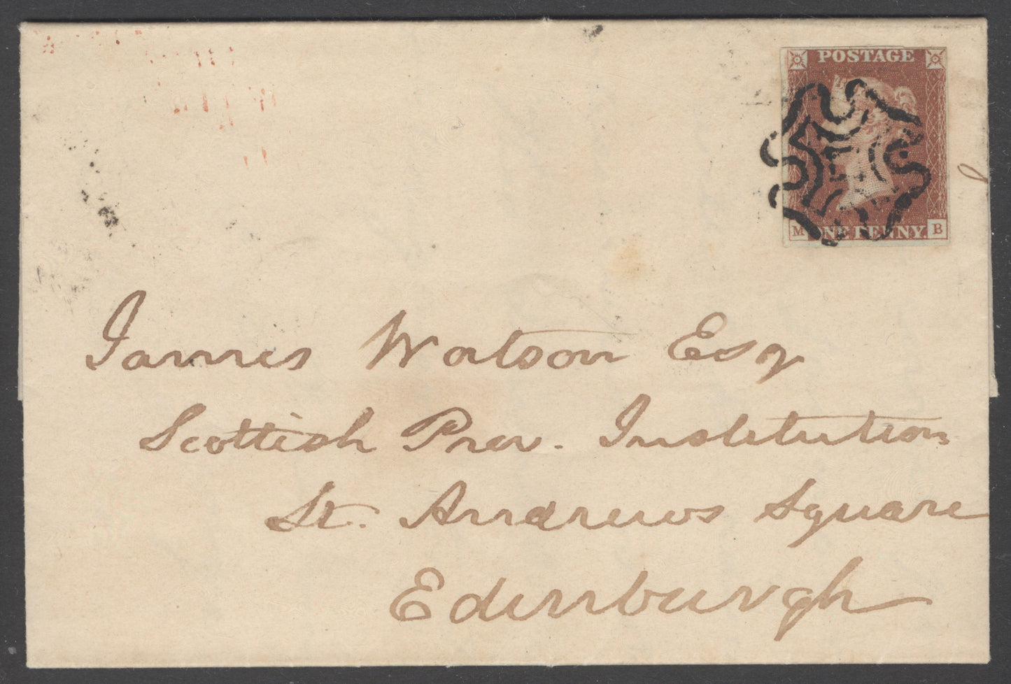 SG 7 1d red-brown. The Maltese cross on Dunse 1841 letter to Edinburgh 1d red from black plate 9 lettered MB,  back stamped Dunse...