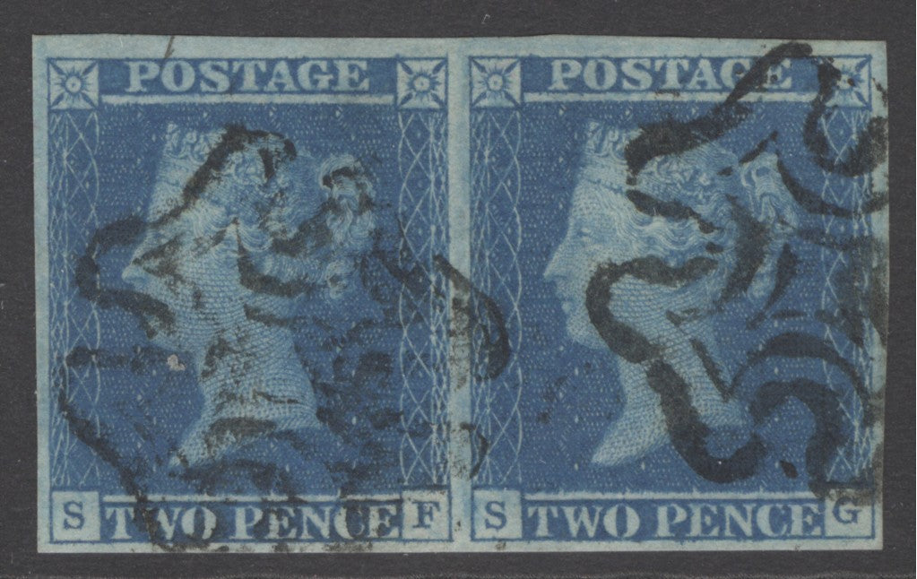 SG 14 1841 2d blue plate 3 pair lettered SF-SG. Very fine used with Maltese cross cancels. 4 good to large margins CAT £550