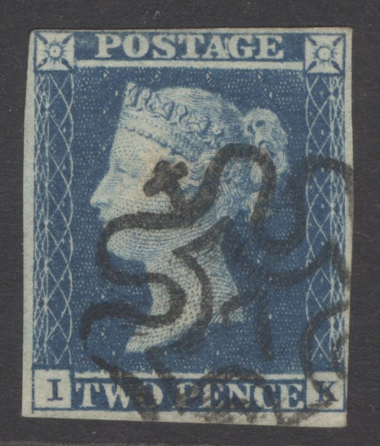 SG 14f 1841 2d blue plate 3 lettered IK. Very fine used with a crisply struck number ‘7’ in Maltese cross. 4 close to good margins CAT £650