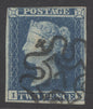 SG 14f 1841 2d blue plate 3 lettered IK. Very fine used with a crisply struck number ‘7’ in Maltese cross. 4 close to good margins CAT £650