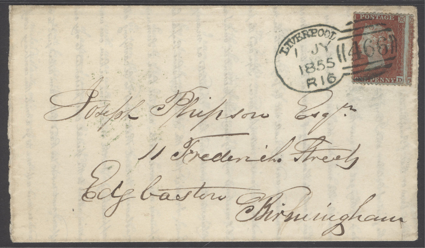 SG 17 1d red-brown on cover to Birmingham cancelled with a deep green Liverpool spoon cancel (type A16) 1st July 1855...