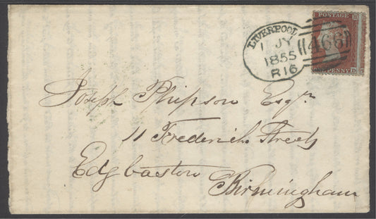 SG 17 1d red-brown on cover to Birmingham cancelled with a deep green Liverpool spoon cancel (type A16) 1st July 1855...