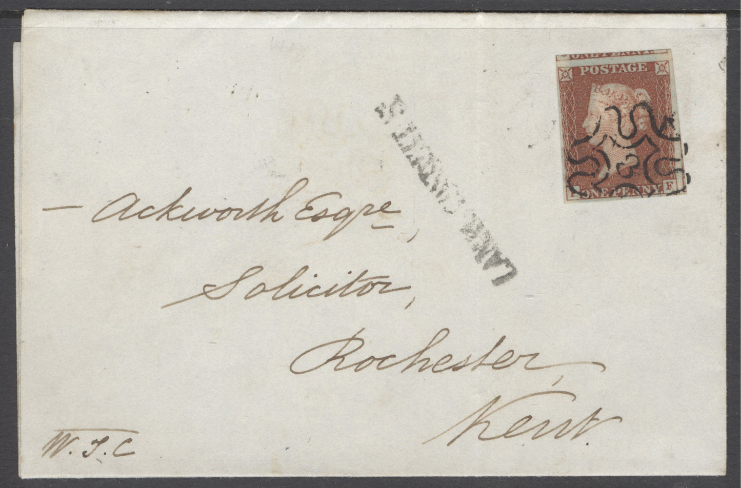 SG 8m 1d red-brown. Very fine used on entire to Kent tied with a number ‘3’ in Maltese cross.  4 close to huge margins, Chester May 20th 1843 CDS on reverse CAT £600