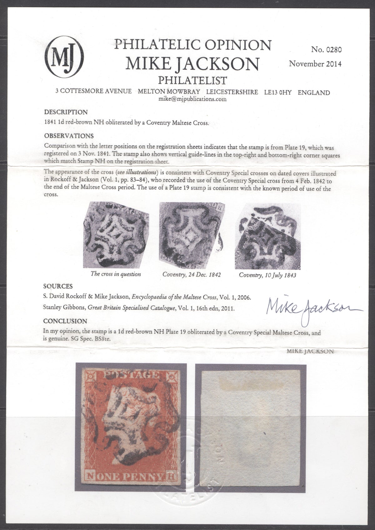 SG 8 1d red-brown plate 19 lettered NH. Very fine used with the distinctive Coventry special Maltese cross. 4 fine margins. Mike Jackson cert