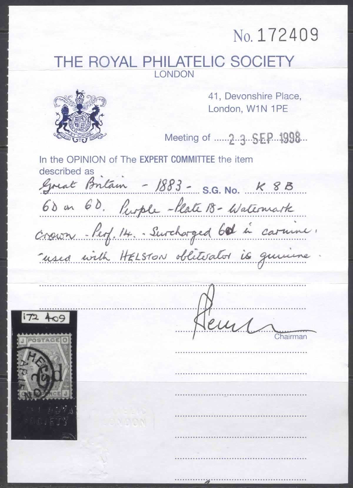 SG 162 6d on 6d lilac. Very fine used with a Helston CDS. RPS cert
