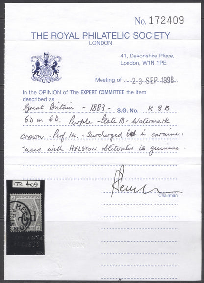 SG 162 6d on 6d lilac. Very fine used with a Helston CDS. RPS cert
