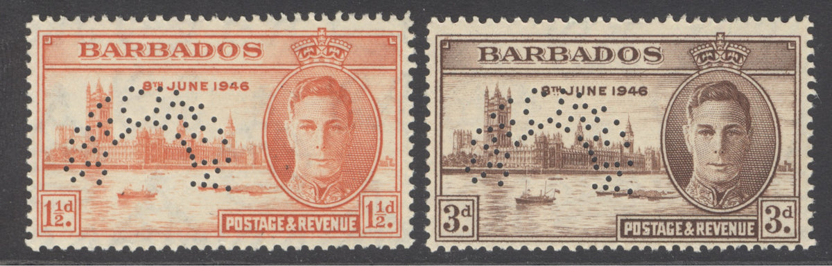 SG 262-263 Barbados 1946 'perf' specimen set of 2. Very lightly mounted mint CAT £85