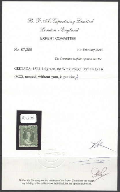 SG 2 Grenada 1861. 1d green. Fresh mint without gum CAT £75. BPA cert