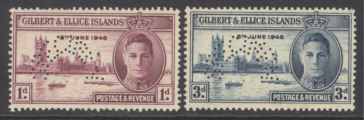 SG 55-56 Gilbert & Ellice Islands 1946 'perf' specimen set of 2. Unmounted mint. 1d overall gum toning CAT £140