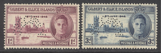 SG 55-56 Gilbert & Ellice Islands 1946 'perf' specimen set of 2. Unmounted mint. 1d overall gum toning CAT £140