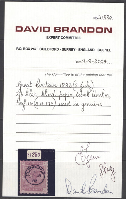 SG 175 2/6 lilac on blued paper. Very fine used with an upright Clitheroe, Sept 19th 1883 CDS CAT £1200.  David Brandon cert