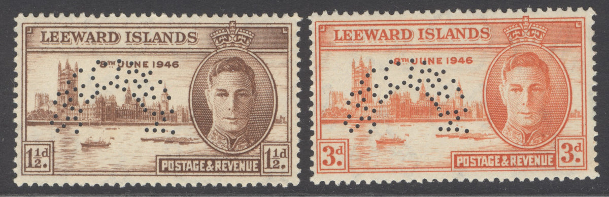 SG 115-116 Leeward Islands 1946 'perf' specimen set of 2.  Unmounted mint. 1½d small reverse tone spot CAT £100