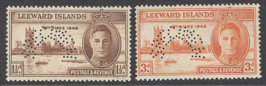 SG 115-116 Leeward Islands 1946 'perf' specimen set of 2.  Unmounted mint. 1½d small reverse tone spot CAT £100