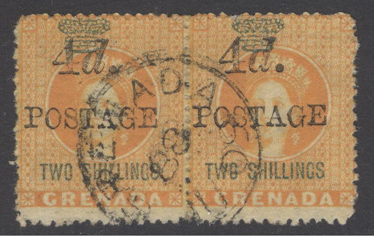 SG 41 Grenada 1888. 4d on 2/- orange pair. Very fine used CAT £60