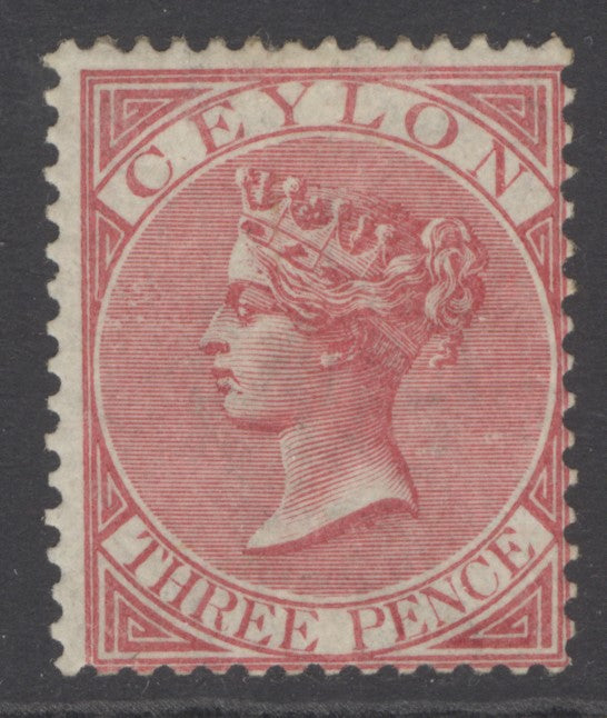 SG 62a Ceylon 1866-68. 3d bright rose. A fine fresh lightly mounted mint example CAT £100
