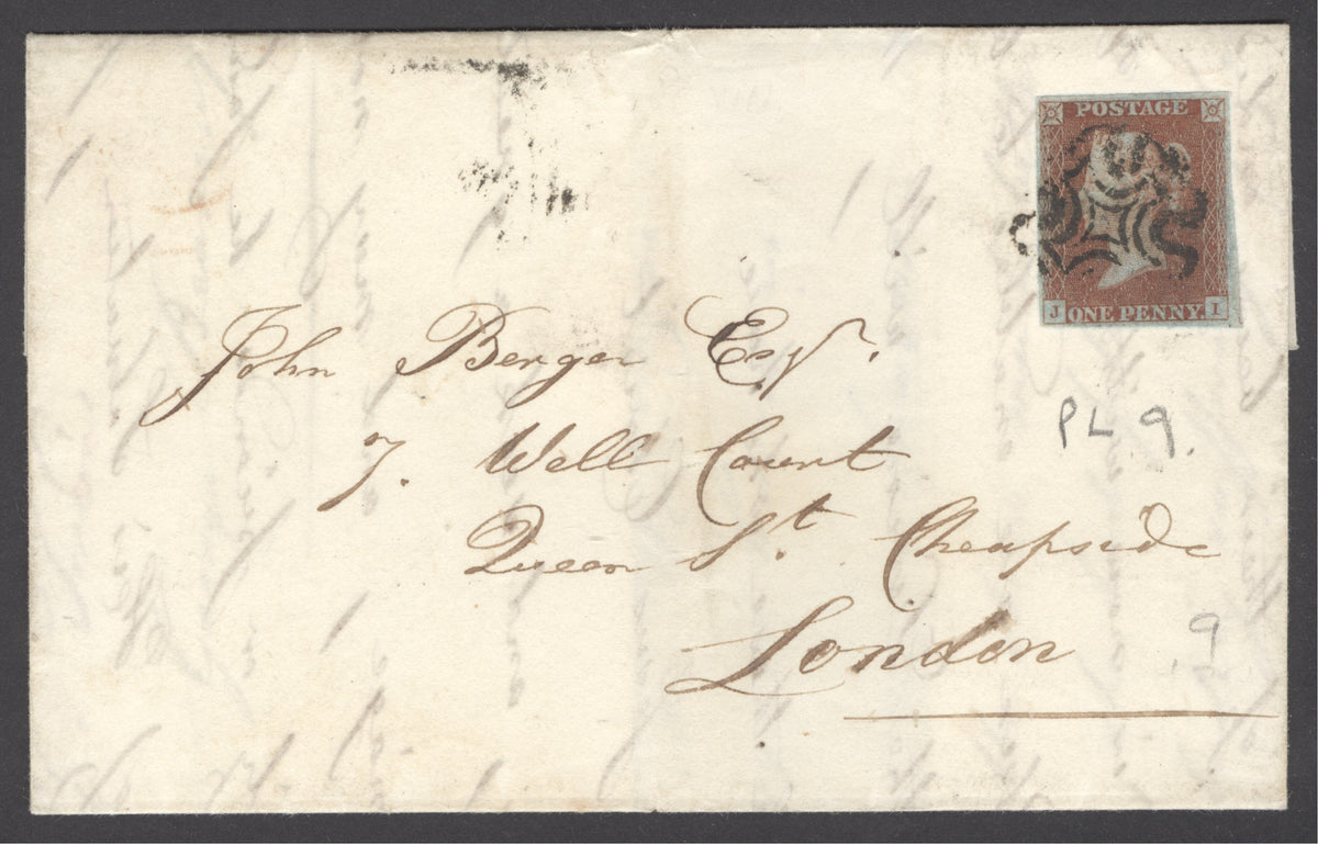 SG 7 1841 1d red-brown plate 9 lettered JI on cover to London. 4 fine margins tied to entire by a black Maltese cross...