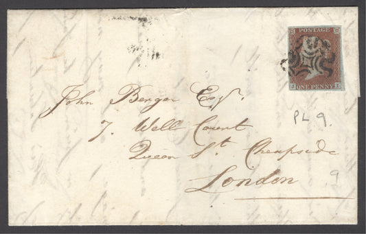 SG 7 1841 1d red-brown plate 9 lettered JI on cover to London. 4 fine margins tied to entire by a black Maltese cross...