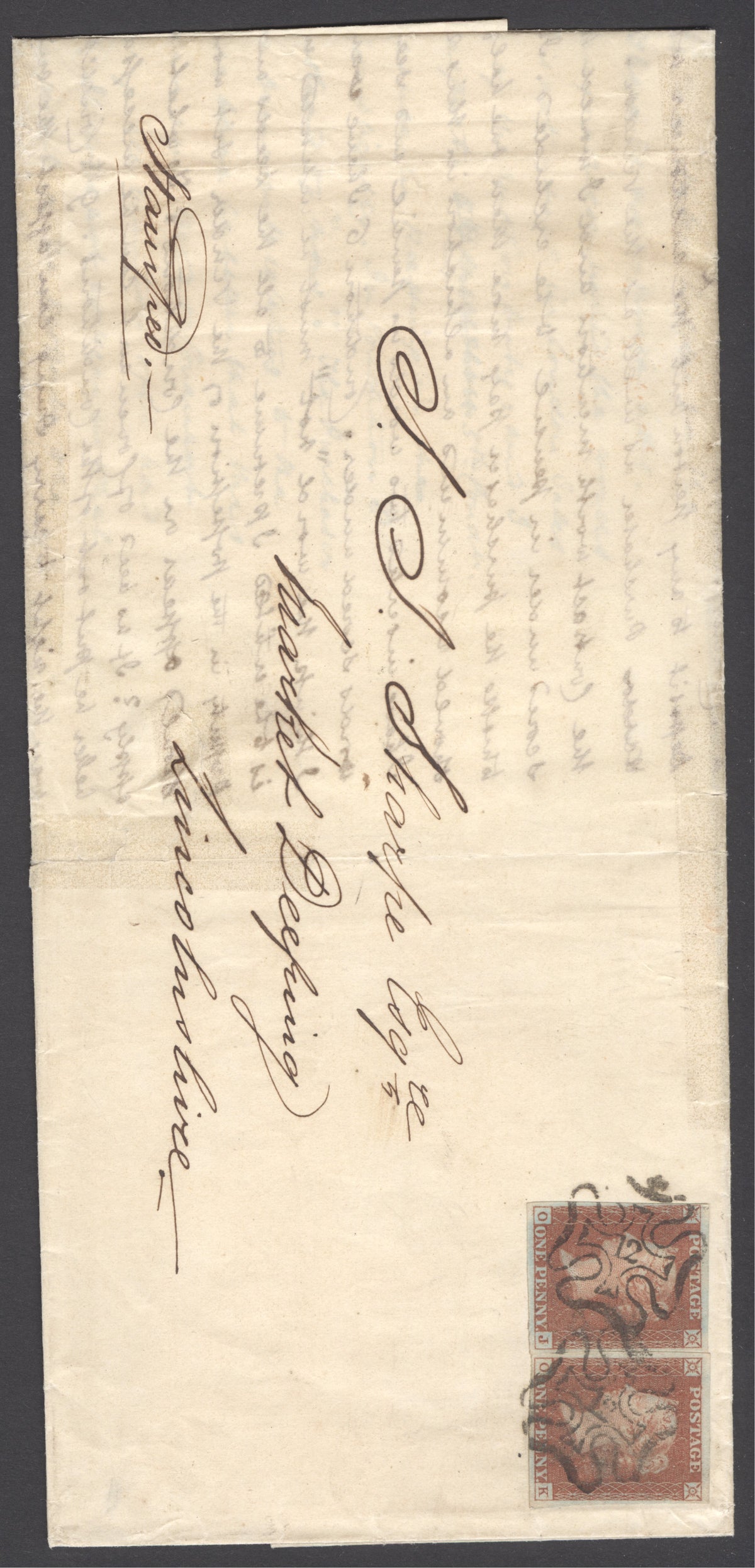 SG 8m 1d red-brown x2 plate 35 used on entire to Lincolnshire lettered OJ-OK both 4 margins tied with '12' in Maltese crosses...