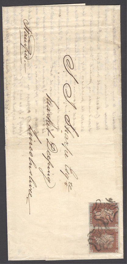 SG 8m 1d red-brown x2 plate 35 used on entire to Lincolnshire lettered OJ-OK both 4 margins tied with '12' in Maltese crosses...