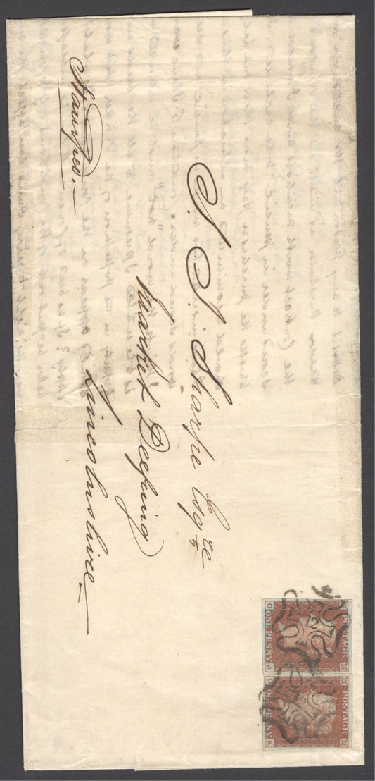 SG 8m 1d red-brown x2 plate 35 used on entire to Lincolnshire lettered OJ-OK both 4 margins tied with '12' in Maltese crosses...