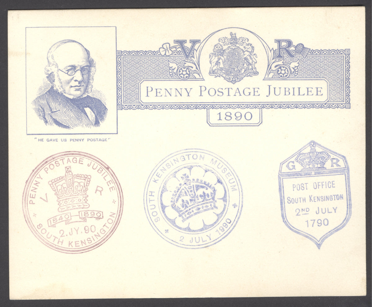 1890 Jubilee of Uniform penny postage. Illustrated card bearing all 5 commemorative coloured postcard.  All perfectly struck...