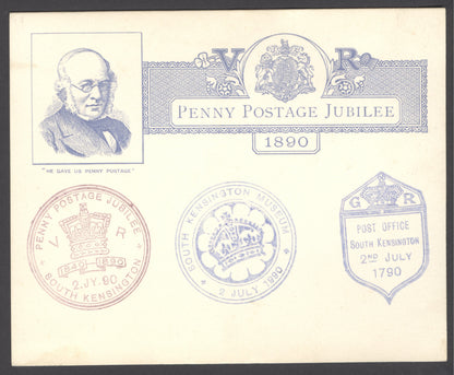 1890 Jubilee of Uniform penny postage. Illustrated card bearing all 5 commemorative coloured postcard.  All perfectly struck...