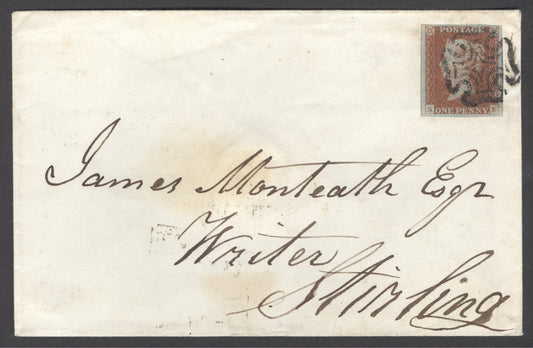 The Maltese cross of Perth on cover Spec B1tt CAT £700. 1843 envelope Perth to Stirling with 4 fine margins. 1d imperf SG 8 lettered SE tied fine to very fine strike...