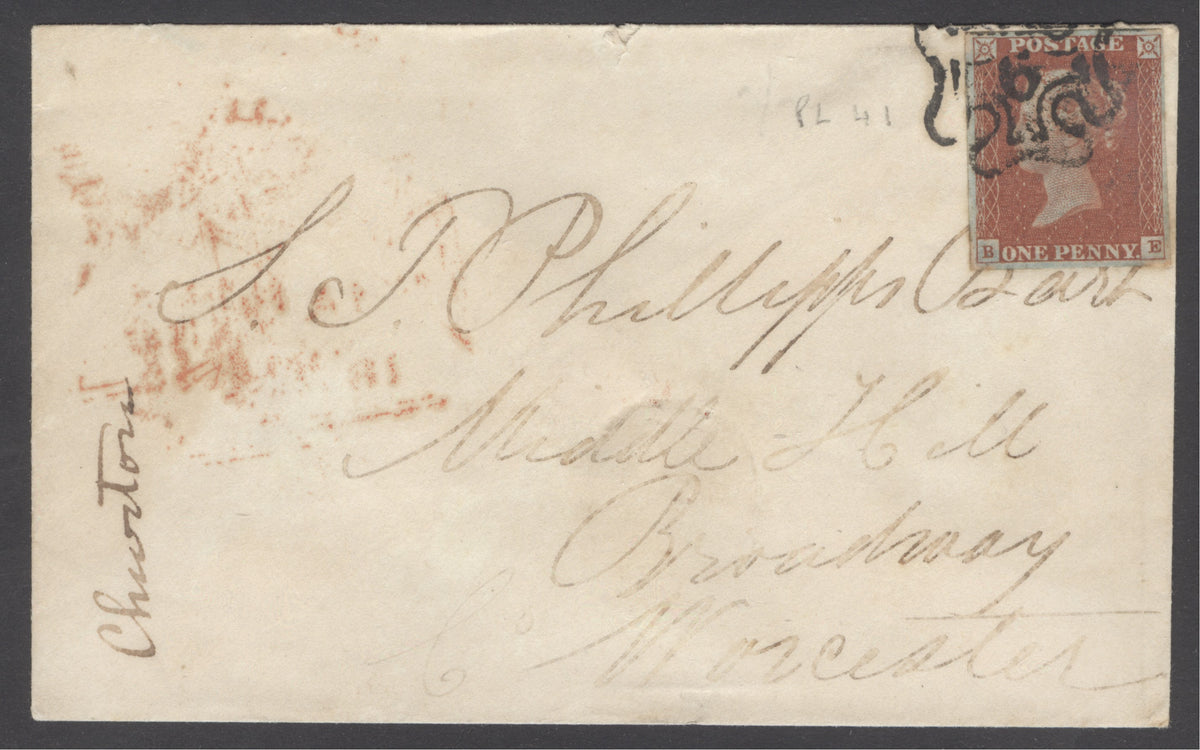 SG 8m 1d red-brown plate 41 lettered BE on envelope to Worcester, cancelled with a number '6' in Maltese cross.  4 margins CAT £450