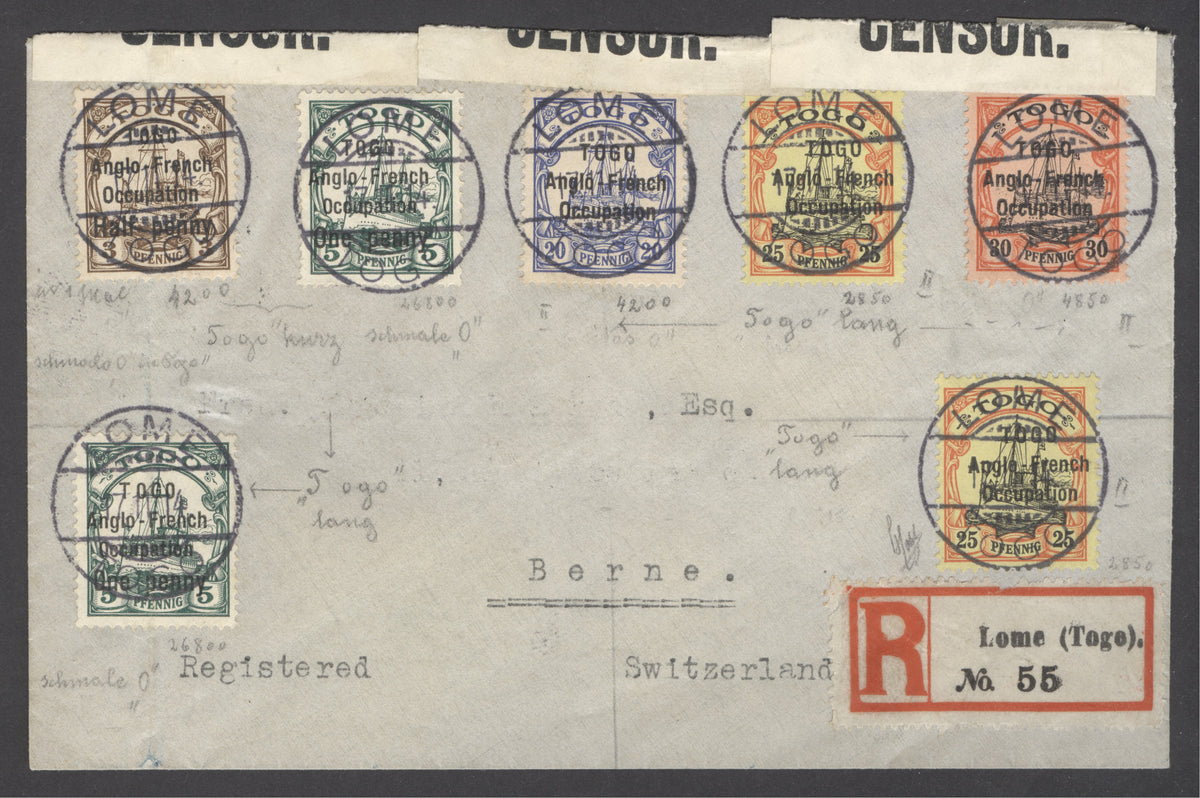 Togo 1914 Registered letter to Switzerland. SG H17,H18,H19,H27&H28. Very fine used. Peter Holcombe cert