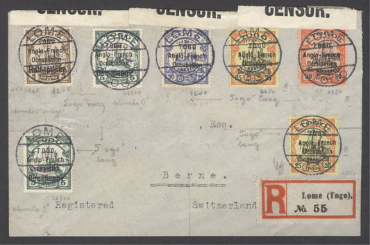 Togo 1914 Registered letter to Switzerland. SG H17,H18,H19,H27&H28. Very fine used. Peter Holcombe cert